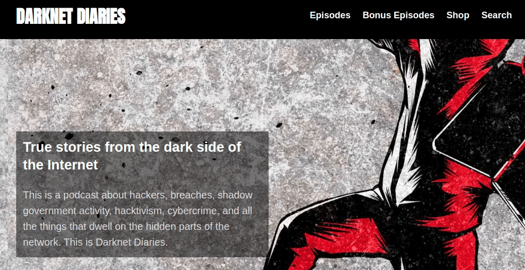 darknetdiaries website home page screen shot with menu items